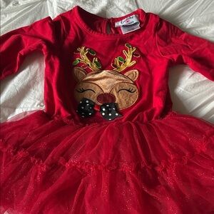 Girls' Red Reindeer Tulle Dress with Appliqué